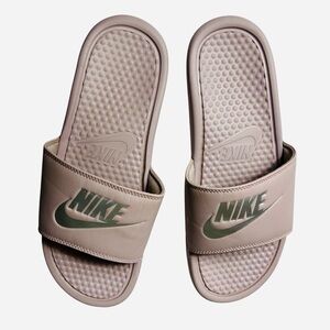 Women's Nike Benassi Rose Pink Silver Slides Slip On Sandals Flats Size 9